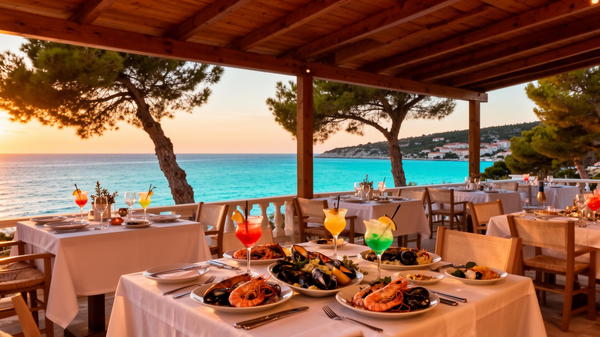 Sunset terrace at Restaurant Cactus on Ceja Island with seafood and cocktails