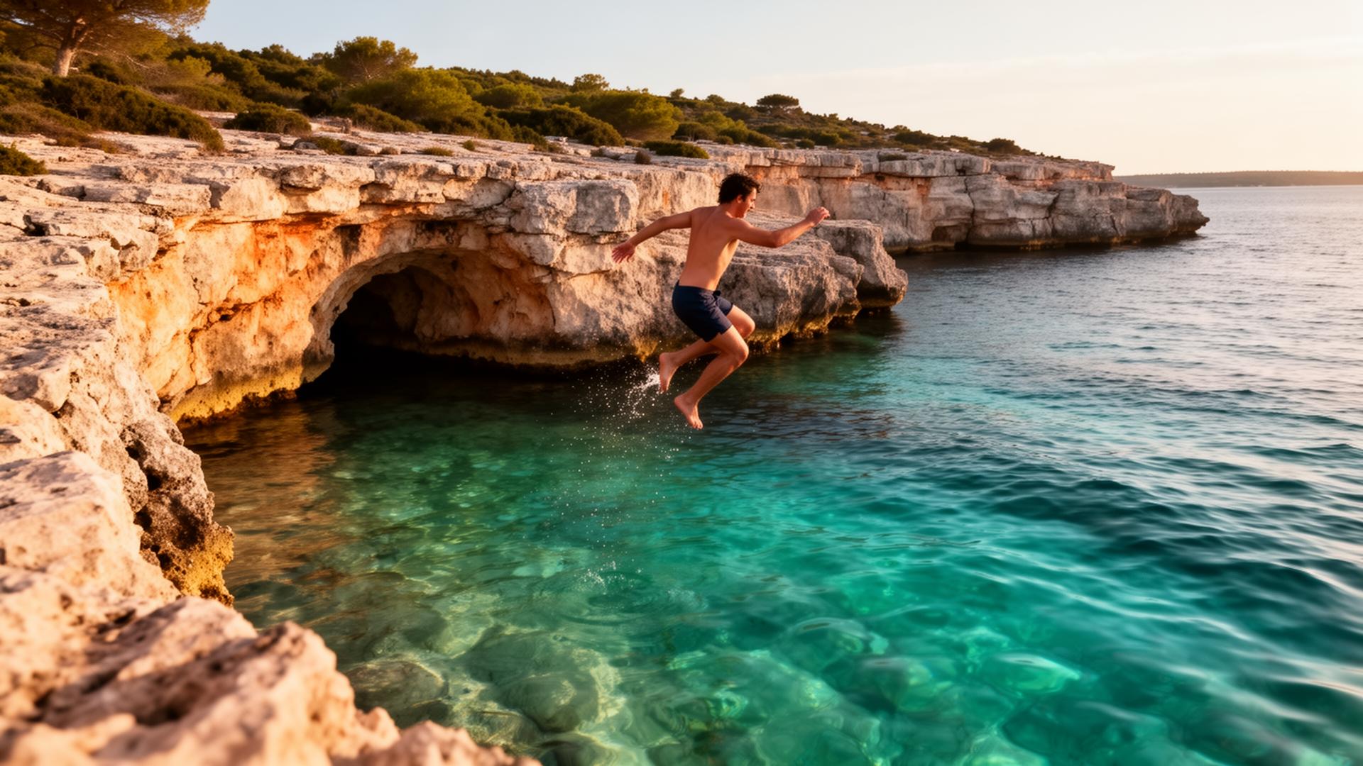 Cliff jumping into crystal clear water at Cape Kamenjak