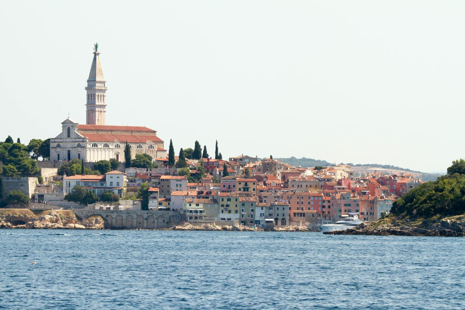 Romantic narrow cobblestone street in the old town of Rovinj at dusk