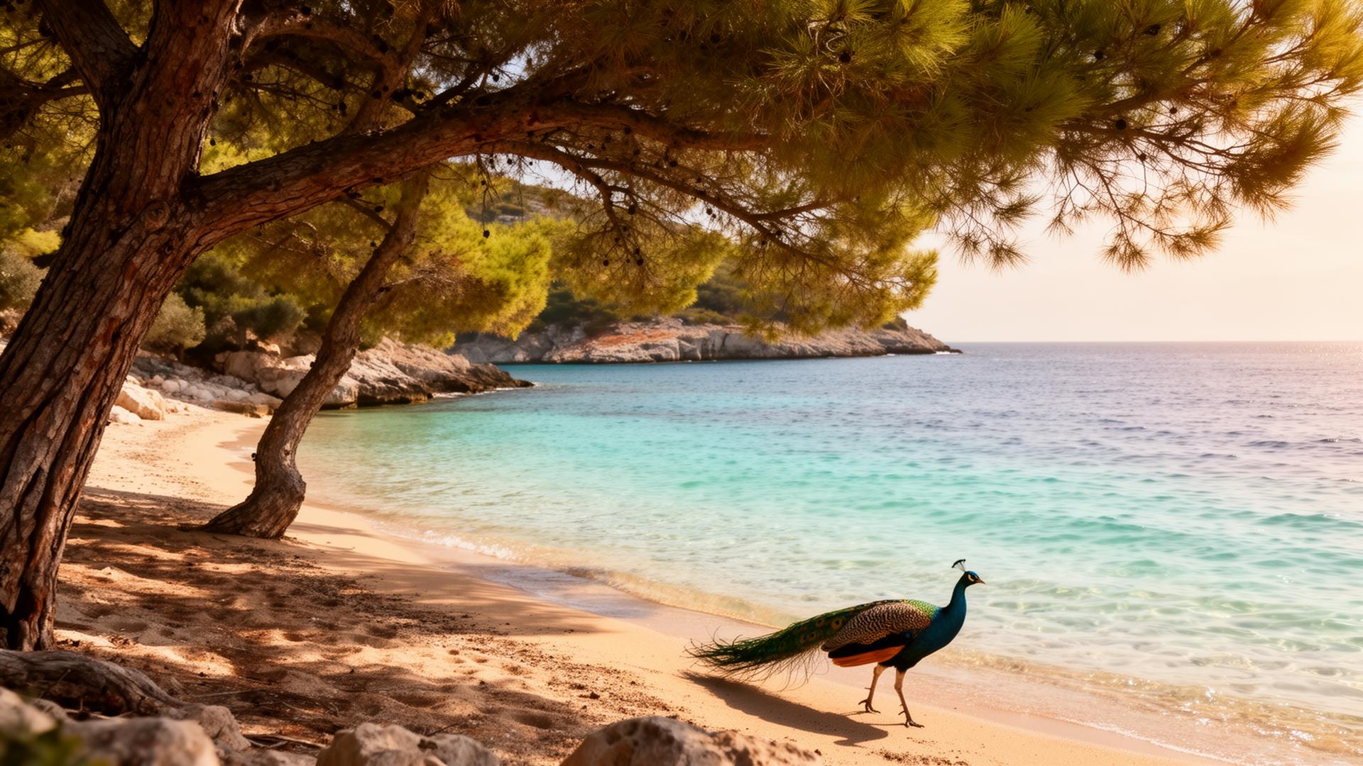 Peaceful natural beach on St. Jerolim with pine trees and a peacock